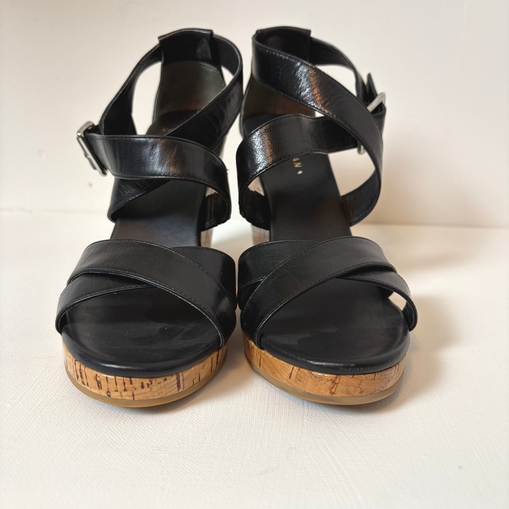 Cole Haan - Cork Wedge Sandals Ankle Strap Black Leather - Size 6